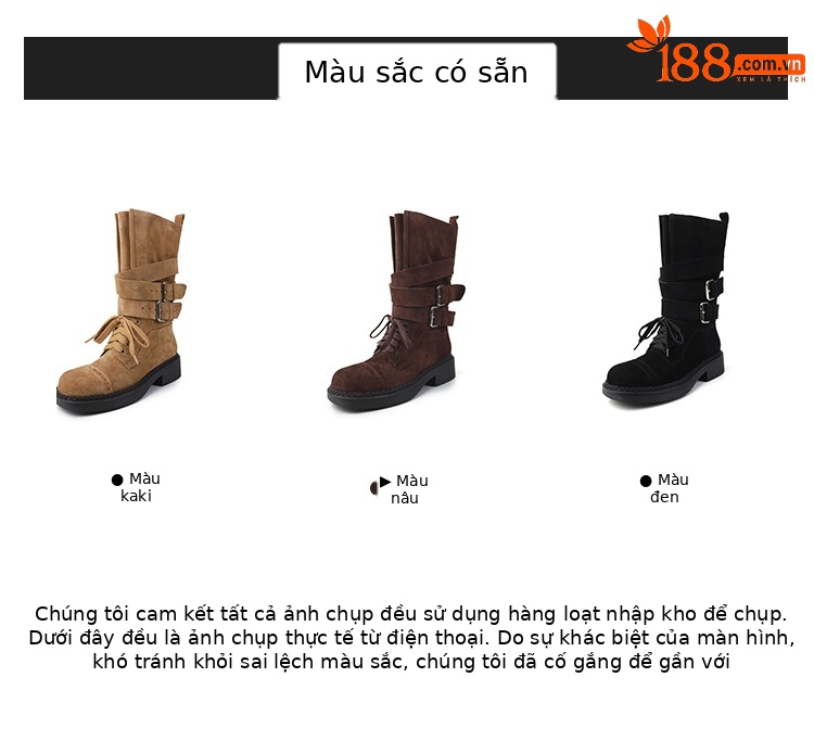 Boot cao bồi cổ trung bình da bò lộn phong cách retro, gót thấp khóa thắt lưng — đen, màu nâu sẫm, kaki chi tiết 4