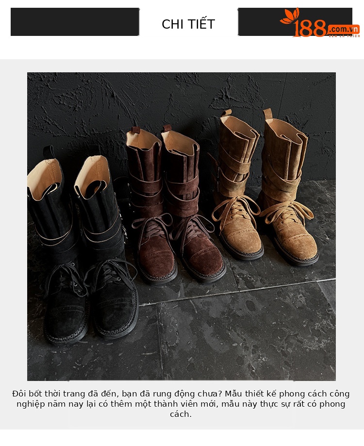 Boot cao bồi cổ trung bình da bò lộn phong cách retro, gót thấp khóa thắt lưng — đen, màu nâu sẫm, kaki chi tiết 5
