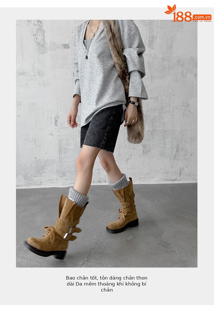 Boot cao bồi cổ trung bình da bò lộn phong cách retro, gót thấp khóa thắt lưng — đen, màu nâu sẫm, kaki chi tiết 6