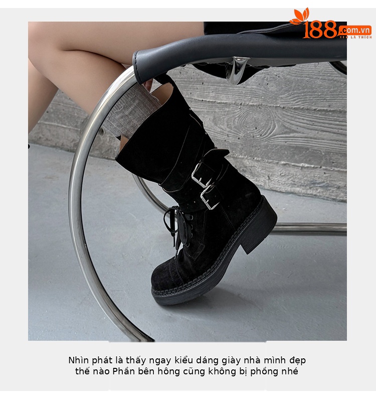 Boot cao bồi cổ trung bình da bò lộn phong cách retro, gót thấp khóa thắt lưng — đen, màu nâu sẫm, kaki chi tiết 7