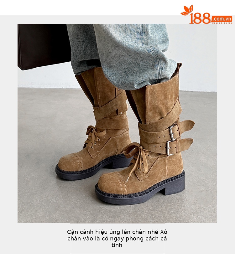 Boot cao bồi cổ trung bình da bò lộn phong cách retro, gót thấp khóa thắt lưng — đen, màu nâu sẫm, kaki chi tiết 8
