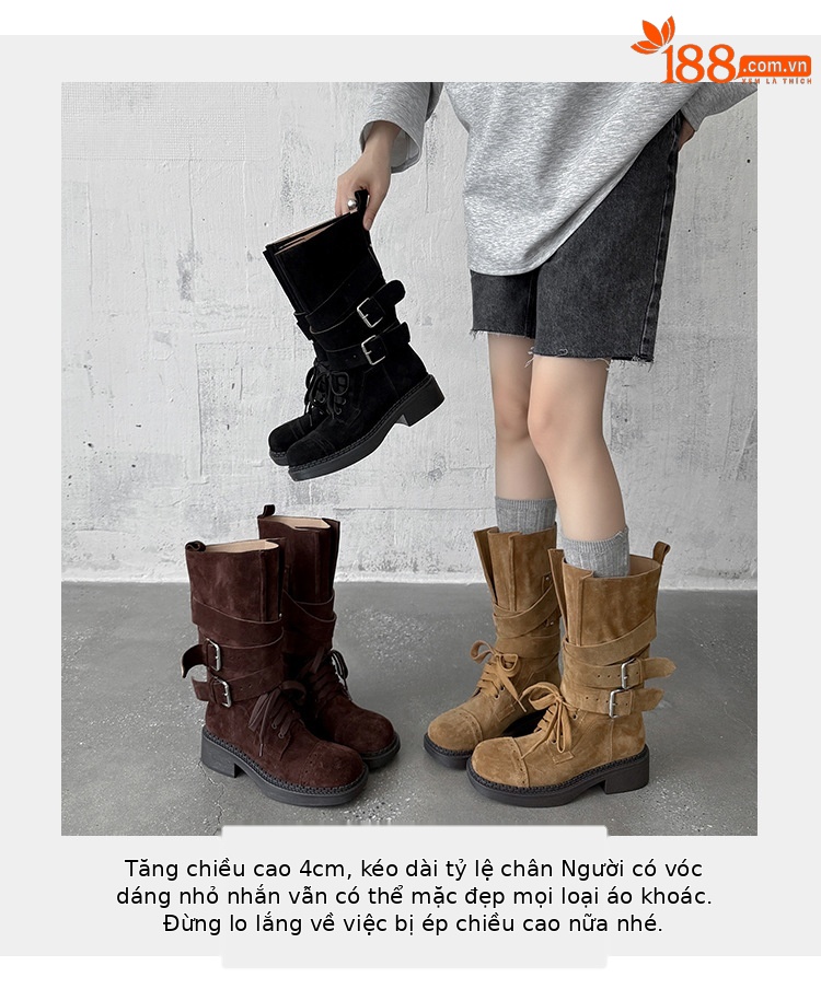 Boot cao bồi cổ trung bình da bò lộn phong cách retro, gót thấp khóa thắt lưng — đen, màu nâu sẫm, kaki chi tiết 9