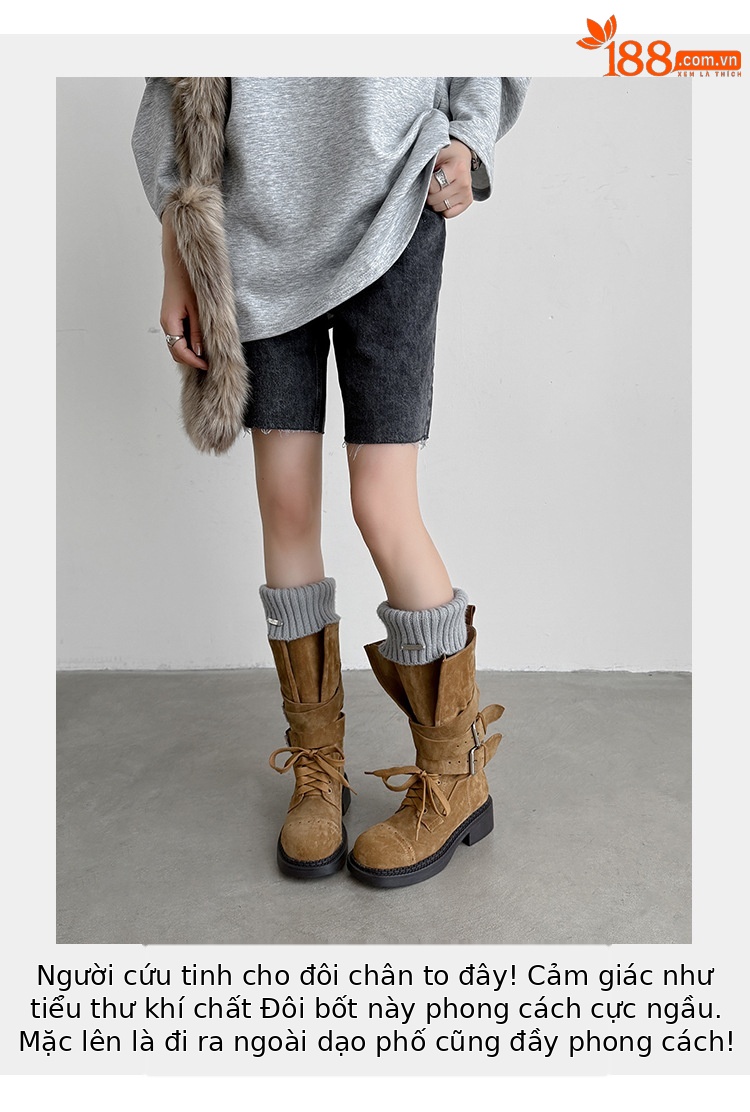 Boot cao bồi cổ trung bình da bò lộn phong cách retro, gót thấp khóa thắt lưng — đen, màu nâu sẫm, kaki chi tiết 11