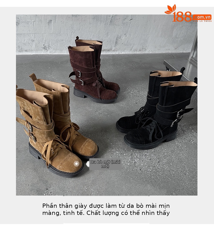 Boot cao bồi cổ trung bình da bò lộn phong cách retro, gót thấp khóa thắt lưng — đen, màu nâu sẫm, kaki chi tiết 12