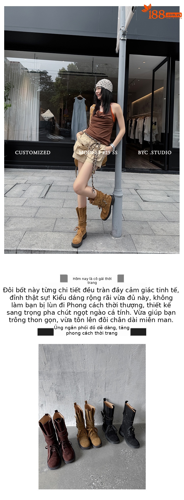 Boot cao bồi cổ trung bình da bò lộn phong cách retro, gót thấp khóa thắt lưng — đen, màu nâu sẫm, kaki chi tiết 2