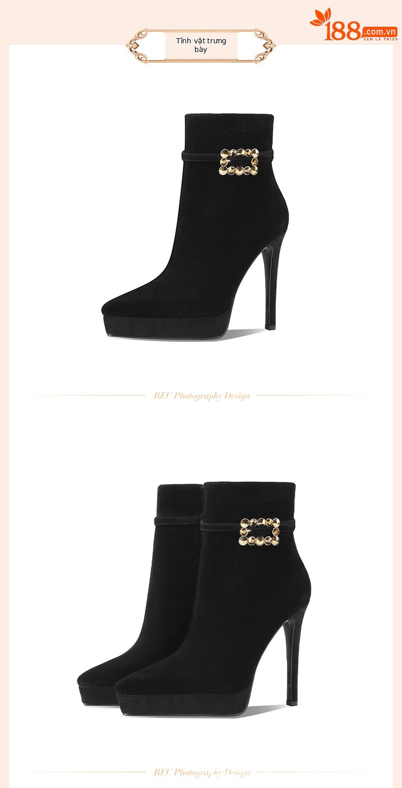 Boot nữ cổ cao da cừu thật, gót siêu cao 12 cm, mũi nhọn phong cách Âu Mỹ — Lớp lót nhung màu nâu 12cm chi tiết 1