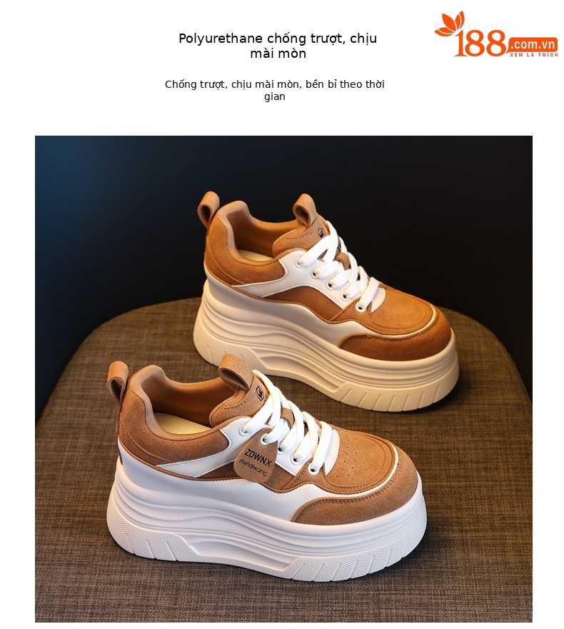 Giày sneaker nữ đế dày tăng chiều cao 9 cm, phong cách thể thao thời trang — màu nâu chi tiết 10