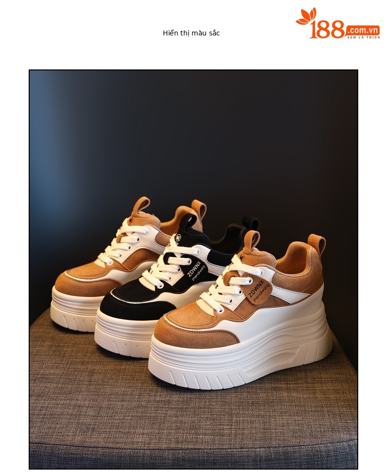 Giày sneaker nữ đế dày tăng chiều cao 9 cm, phong cách thể thao thời trang — màu nâu chi tiết 18