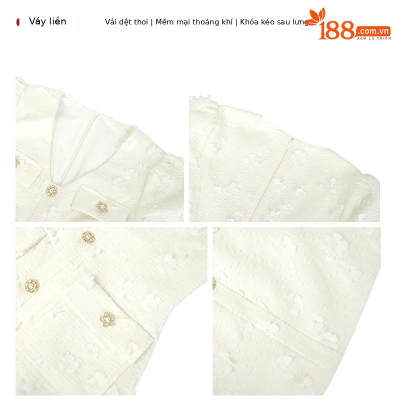 Váy cổ chữ V một hàng khuy kiểu Chanel, hoa ba chiều, hiệu ứng thon gọn — trắng chi tiết 2