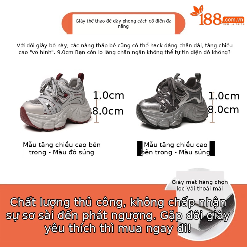 Giày sneaker nữ đế dày lưới nhẹ nâng chiều cao 9 cm — xám đỏ