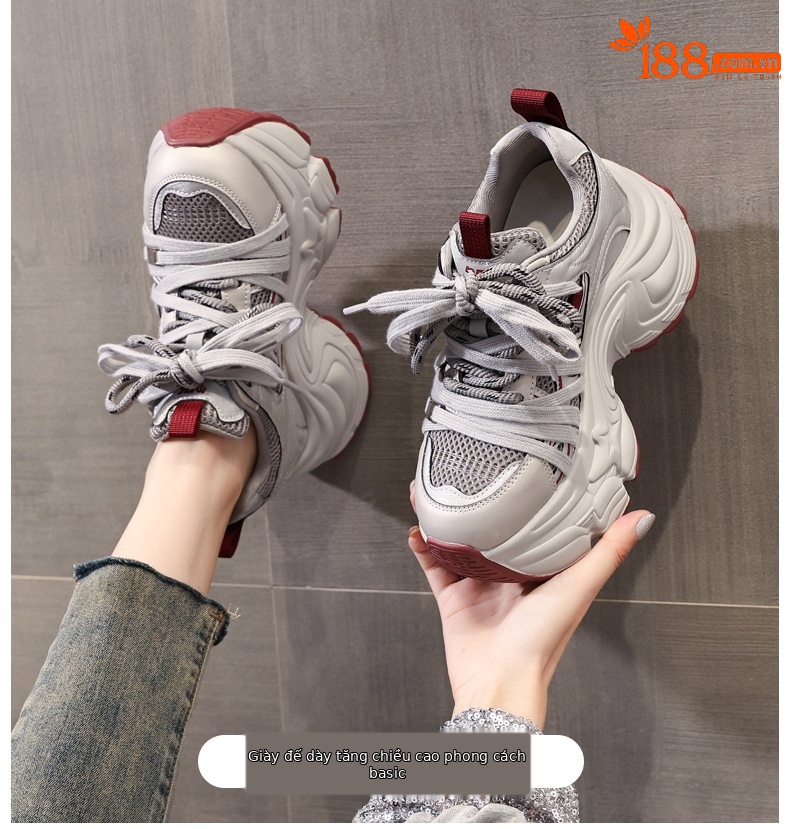 Giày sneaker nữ đế dày lưới nhẹ nâng chiều cao 9 cm — xám đỏ chi tiết 1