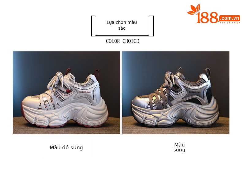 Giày sneaker nữ đế dày lưới nhẹ nâng chiều cao 9 cm — xám đỏ chi tiết 2