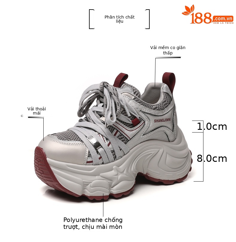 Giày sneaker nữ đế dày lưới nhẹ nâng chiều cao 9 cm — xám đỏ chi tiết 3