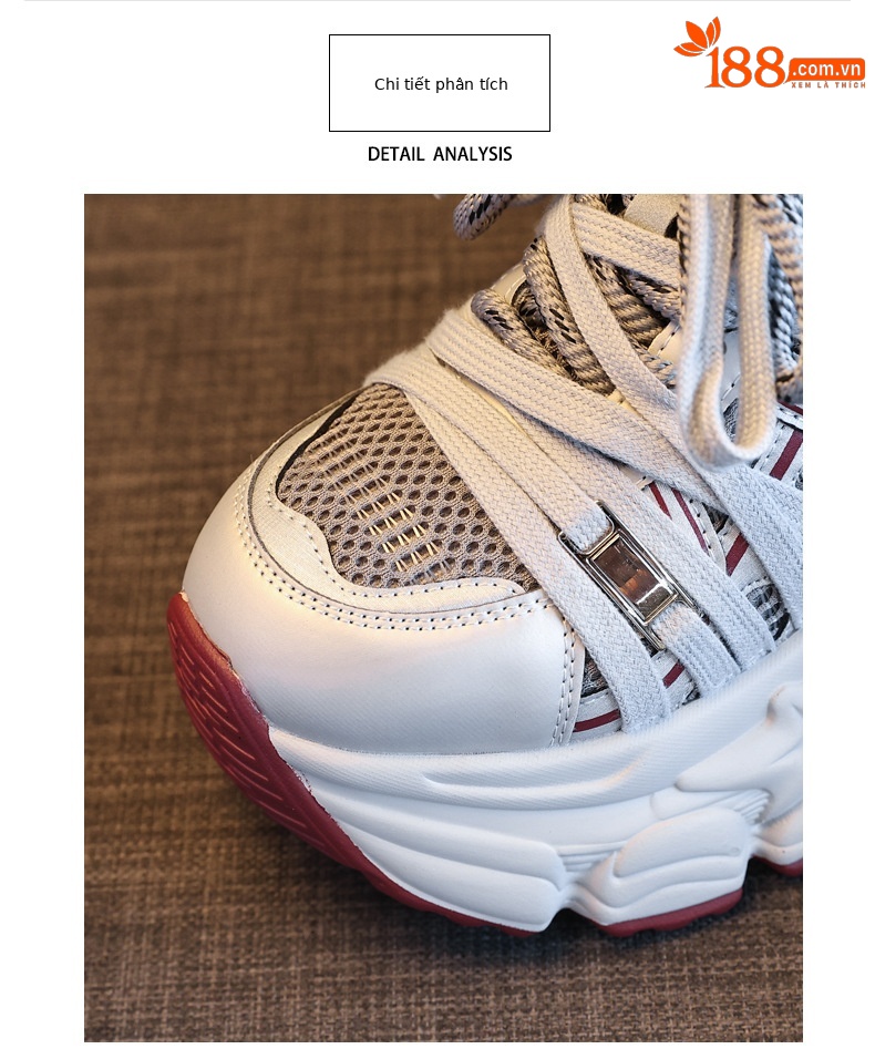 Giày sneaker nữ đế dày lưới nhẹ nâng chiều cao 9 cm — xám đỏ chi tiết 7
