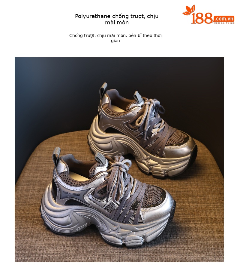 Giày sneaker nữ đế dày lưới nhẹ nâng chiều cao 9 cm — xám đỏ chi tiết 10