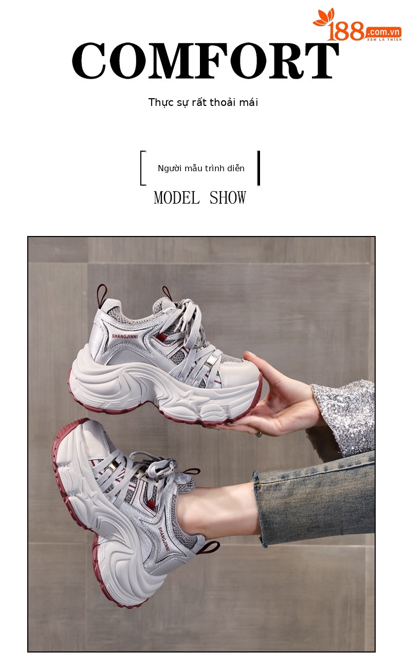 Giày sneaker nữ đế dày lưới nhẹ nâng chiều cao 9 cm — xám đỏ chi tiết 11