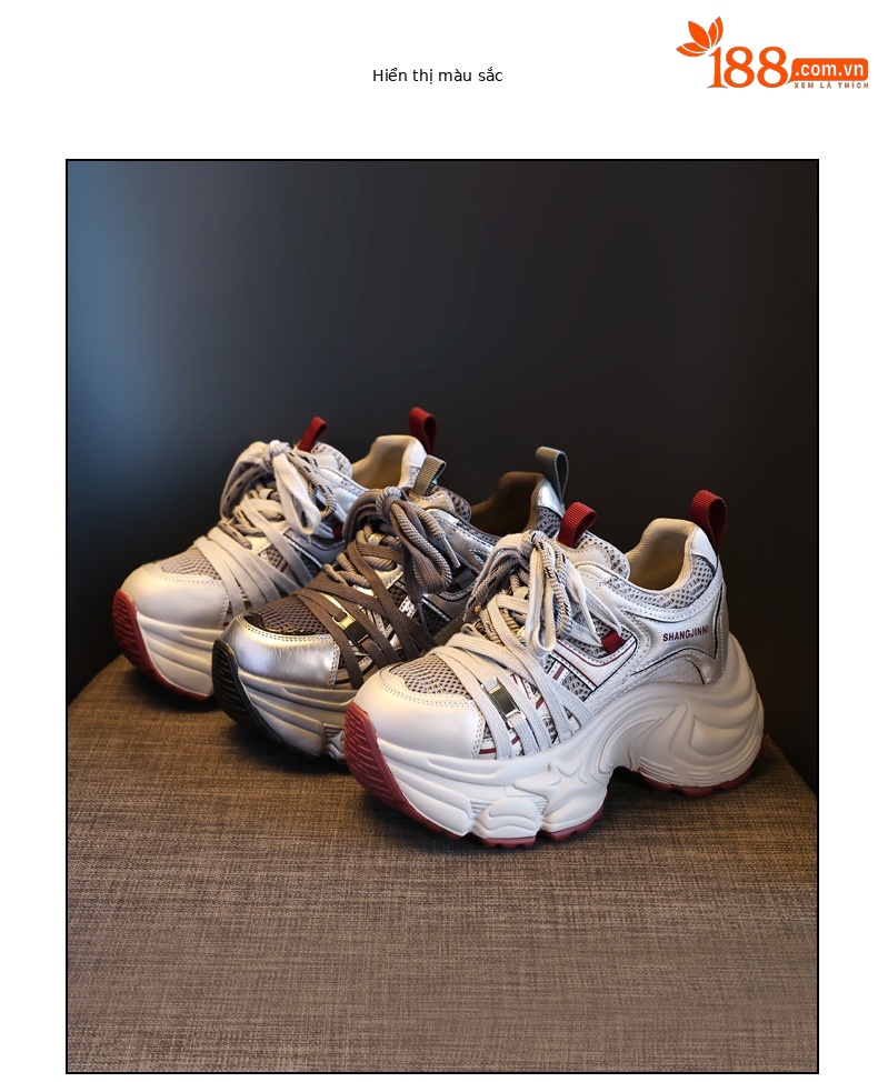 Giày sneaker nữ đế dày lưới nhẹ nâng chiều cao 9 cm — xám đỏ chi tiết 18