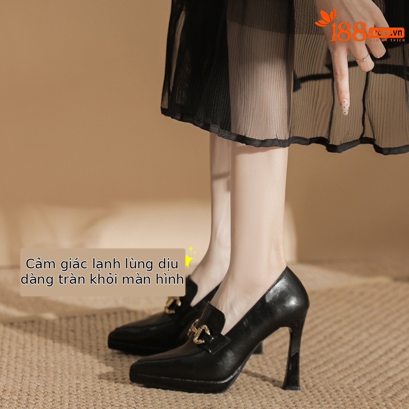 Giày cao gót nữ đế xuồng mũi nhọn khóa kim loại siêu cao gót — nâu
