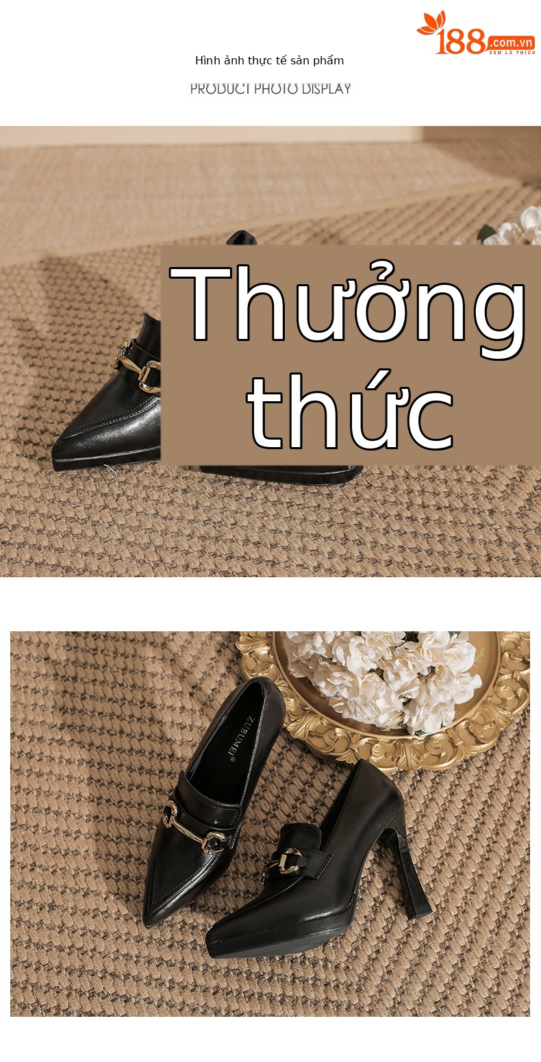 Giày cao gót nữ đế xuồng mũi nhọn khóa kim loại siêu cao gót — nâu chi tiết 7