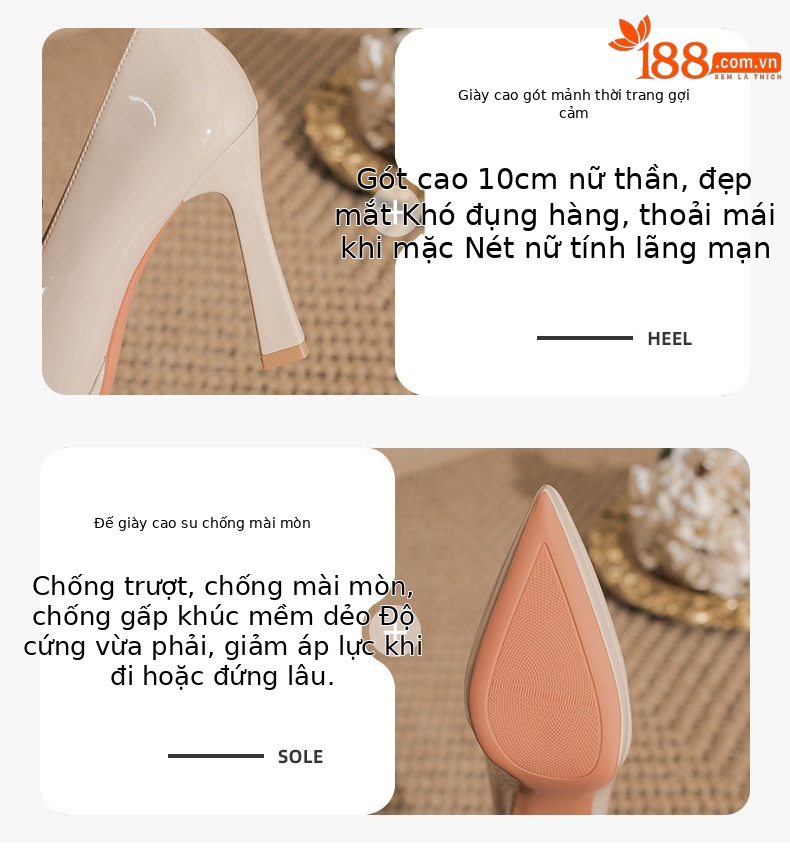 Giày cao gót mũi nhọn preppy đế xuồng chống thấm nước — nhung đen chi tiết 2