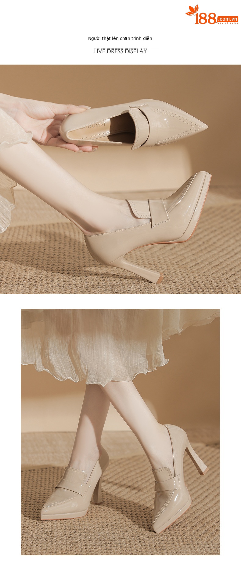 Giày cao gót mũi nhọn preppy đế xuồng chống thấm nước — nhung đen chi tiết 3