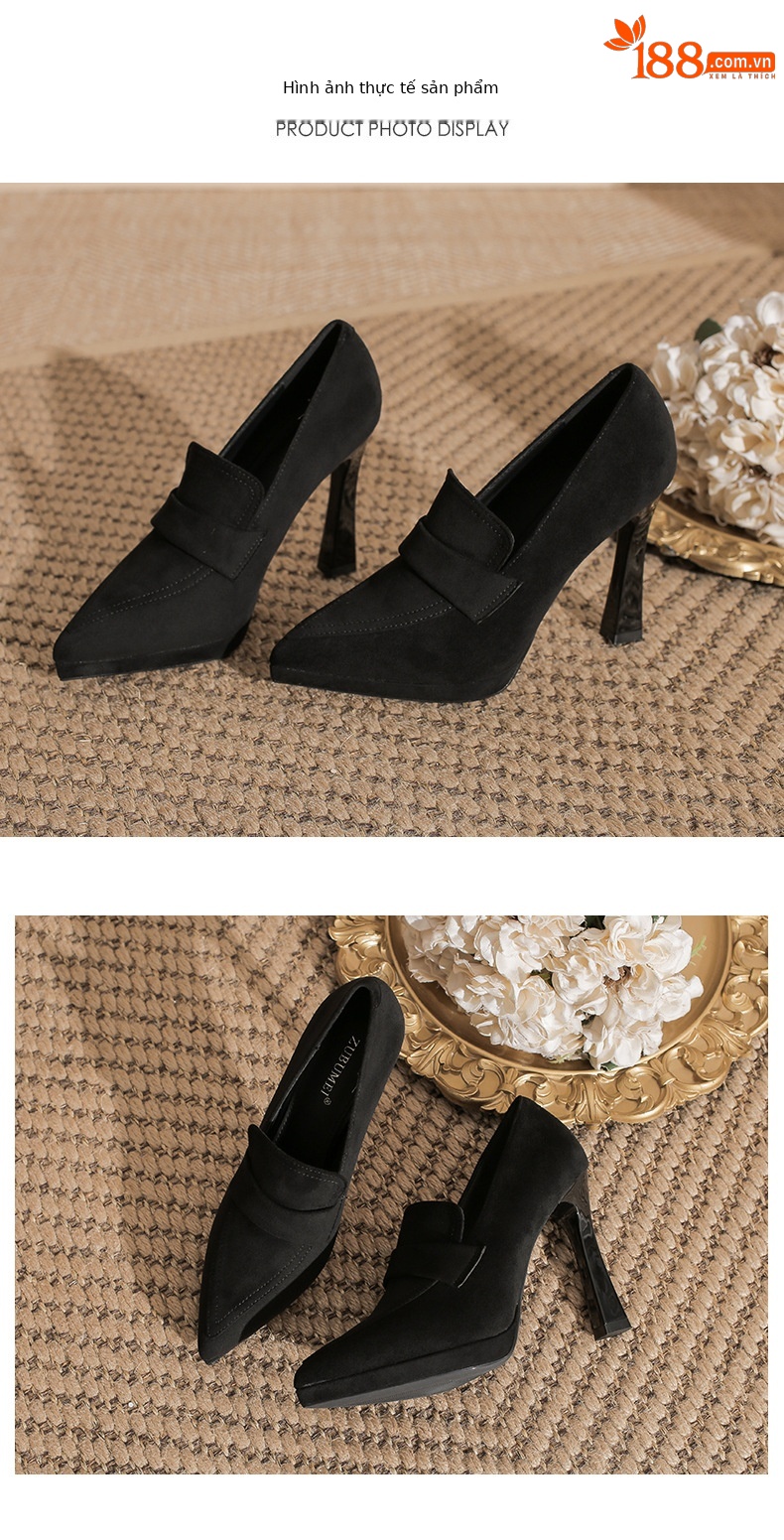 Giày cao gót mũi nhọn preppy đế xuồng chống thấm nước — nhung đen chi tiết 7