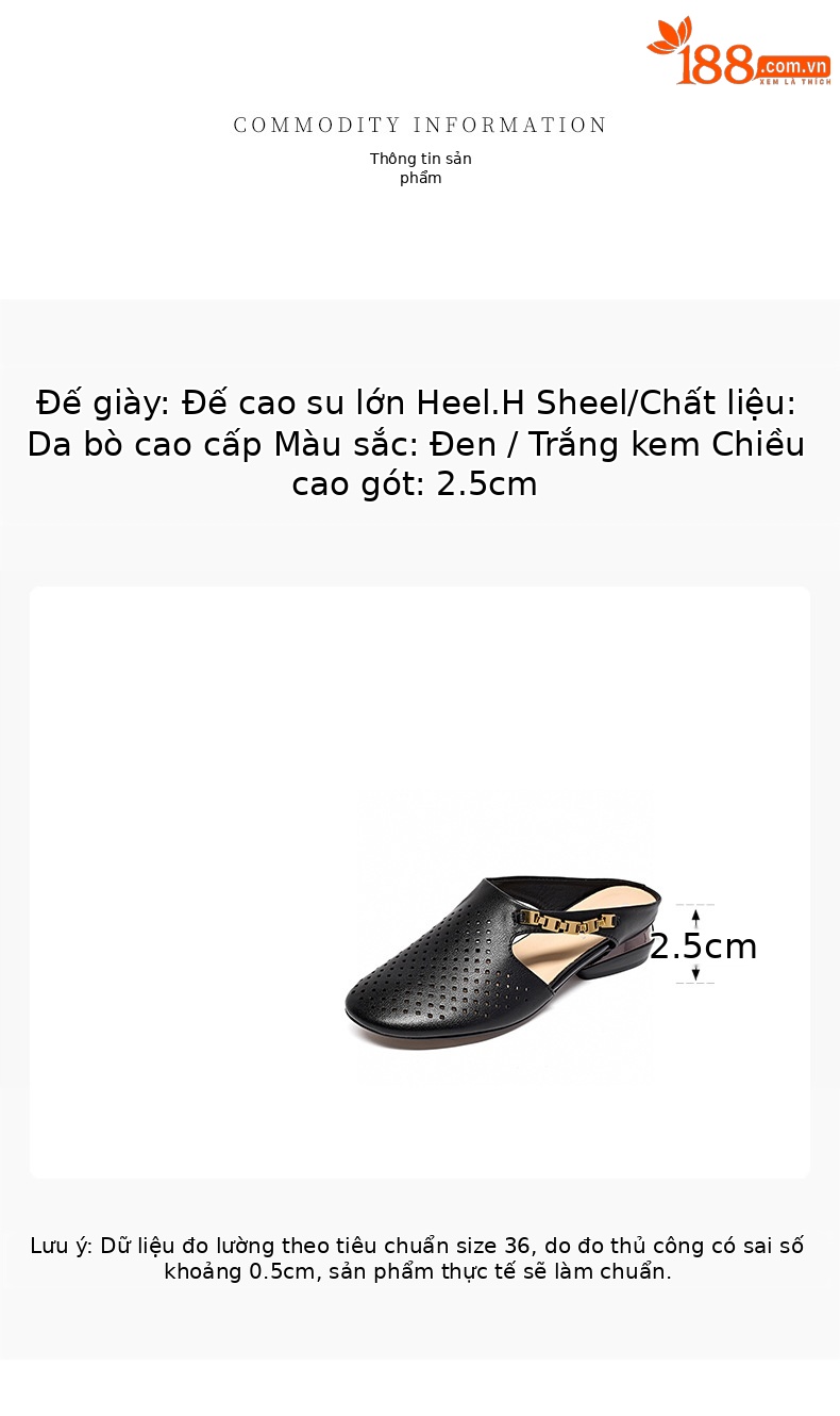 Dép nửa quai hở mũi da thật thoáng khí mũi tròn gót thấp đi ngoài trời — đen chi tiết 1