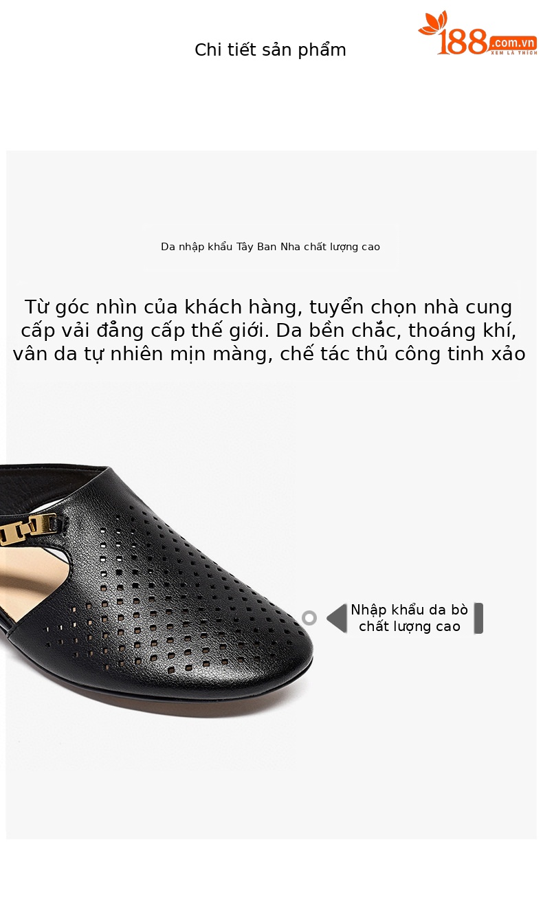 Dép nửa quai hở mũi da thật thoáng khí mũi tròn gót thấp đi ngoài trời — đen chi tiết 2