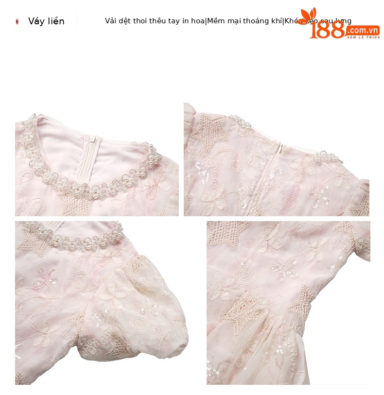Váy midi tay phồng kiểu Pháp thêu hoa tinh tế — hồng chi tiết 2