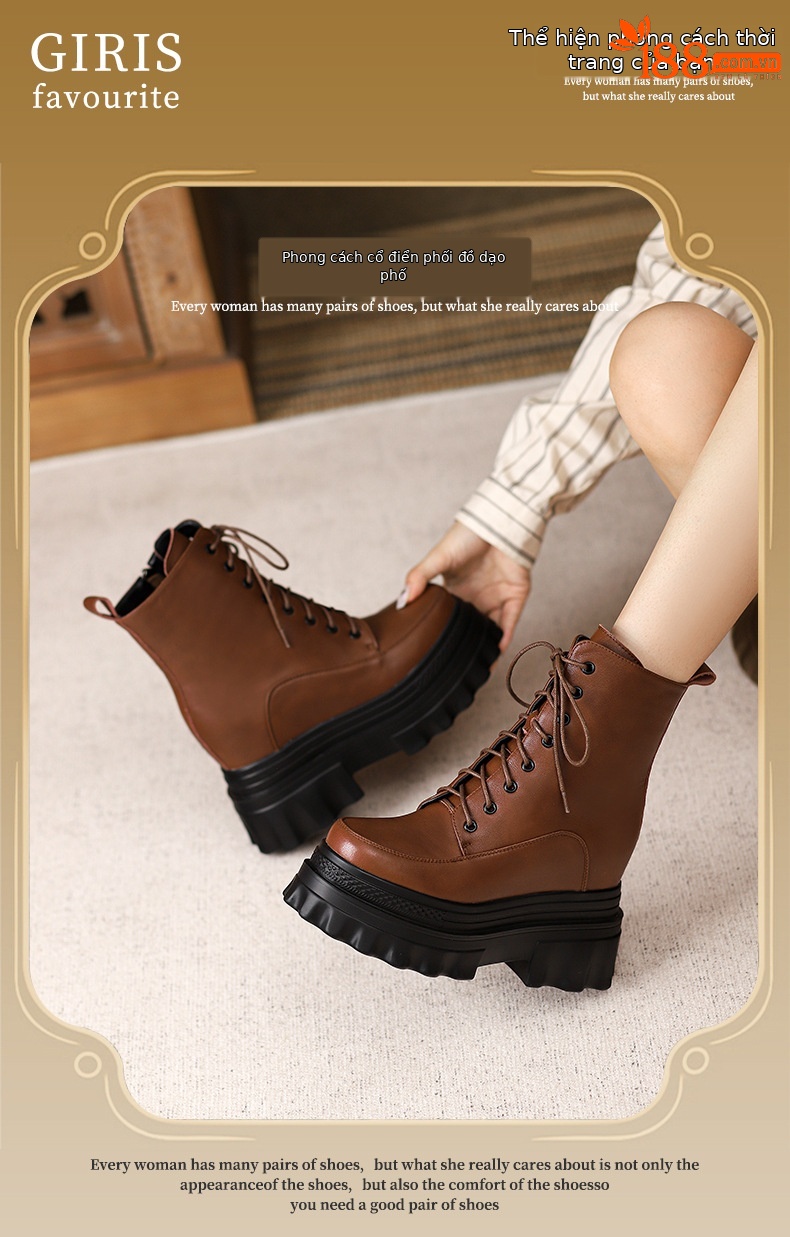 Boot nữ đế tăng chiều cao 10cm dây buộc mùa thu đông — Lớp lót nhung đen, Lớp lót đơn màu nâu sẫm, Lớp lót đơn màu đen, Lớp lót nhung màu nâu sẫm chi tiết 1