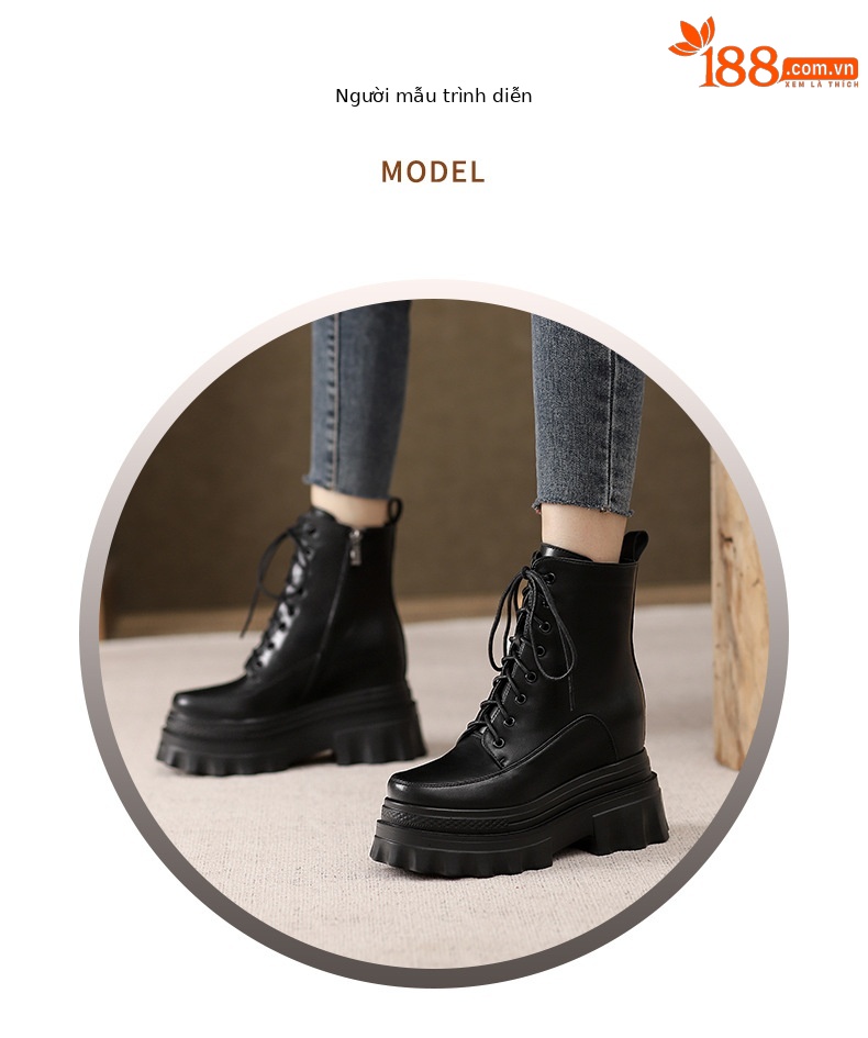 Boot nữ đế tăng chiều cao 10cm dây buộc mùa thu đông — Lớp lót nhung đen, Lớp lót đơn màu nâu sẫm, Lớp lót đơn màu đen, Lớp lót nhung màu nâu sẫm chi tiết 5