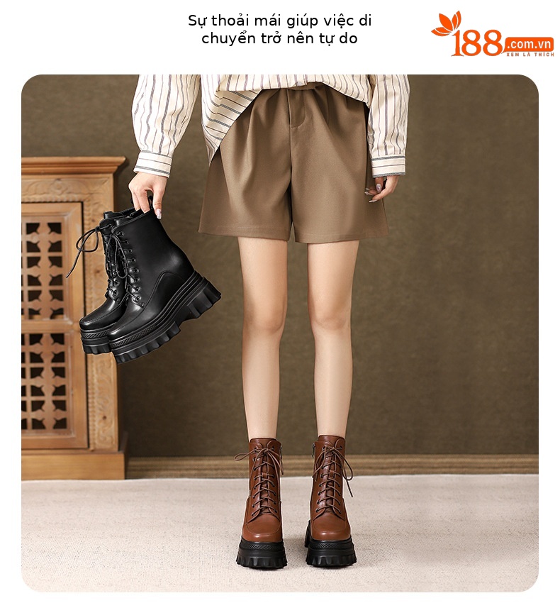 Boot nữ đế tăng chiều cao 10cm dây buộc mùa thu đông — Lớp lót nhung đen, Lớp lót đơn màu nâu sẫm, Lớp lót đơn màu đen, Lớp lót nhung màu nâu sẫm chi tiết 6
