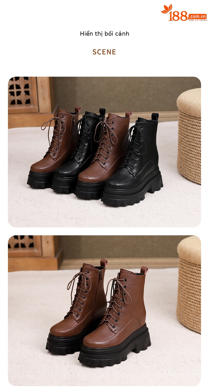 Boot nữ đế tăng chiều cao 10cm dây buộc mùa thu đông — Lớp lót nhung đen, Lớp lót đơn màu nâu sẫm, Lớp lót đơn màu đen, Lớp lót nhung màu nâu sẫm chi tiết 19