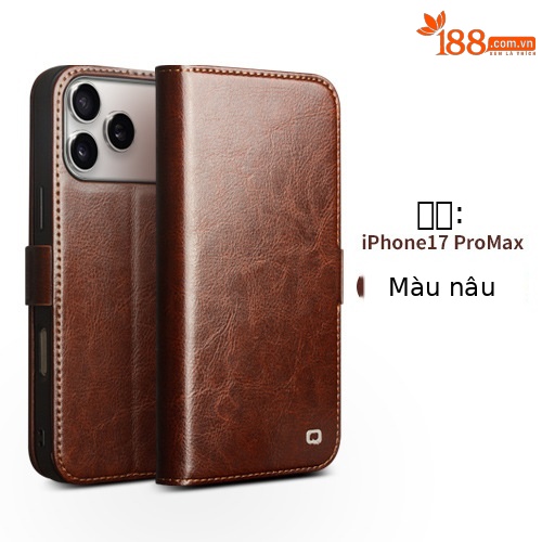 Ốp lưng da thật iPhone 17 Pro Max dạng gập nắp có khe thẻ, nam châm từ, chân đế — iPhone17 Pro max khóa từ cổ điển nâu đậm, iPhone17 Pro max khóa từ cổ điển đen, iPhone17 Pro khóa từ cổ điển nâu đậm, iPhone17 Pro khóa từ cổ điển đen