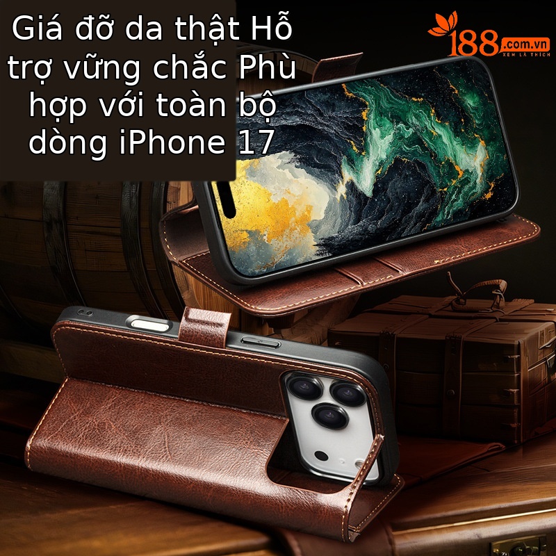 Ốp lưng da thật iPhone 17 Pro Max dạng gập nắp có khe thẻ, nam châm từ, chân đế — iPhone17 Pro max khóa từ cổ điển nâu đậm, iPhone17 Pro max khóa từ cổ điển đen, iPhone17 Pro khóa từ cổ điển nâu đậm, iPhone17 Pro khóa từ cổ điển đen