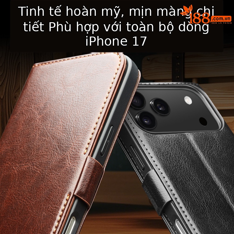Ốp lưng da thật iPhone 17 Pro Max dạng gập nắp có khe thẻ, nam châm từ, chân đế — iPhone17 Pro max khóa từ cổ điển nâu đậm, iPhone17 Pro max khóa từ cổ điển đen, iPhone17 Pro khóa từ cổ điển nâu đậm, iPhone17 Pro khóa từ cổ điển đen