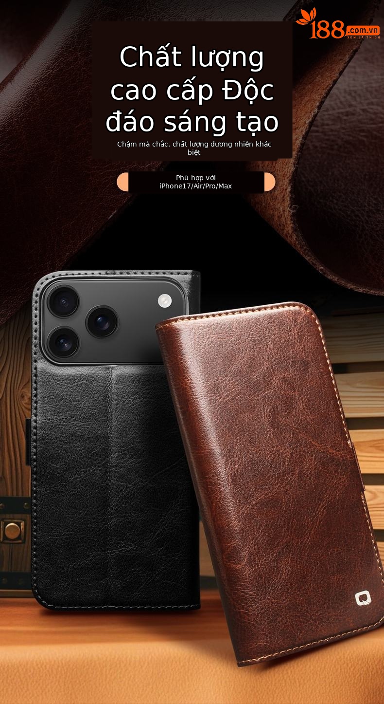 Ốp lưng da thật iPhone 17 Pro Max dạng gập nắp có khe thẻ, nam châm từ, chân đế — iPhone17 Pro max khóa từ cổ điển nâu đậm, iPhone17 Pro max khóa từ cổ điển đen, iPhone17 Pro khóa từ cổ điển nâu đậm, iPhone17 Pro khóa từ cổ điển đen chi tiết 1