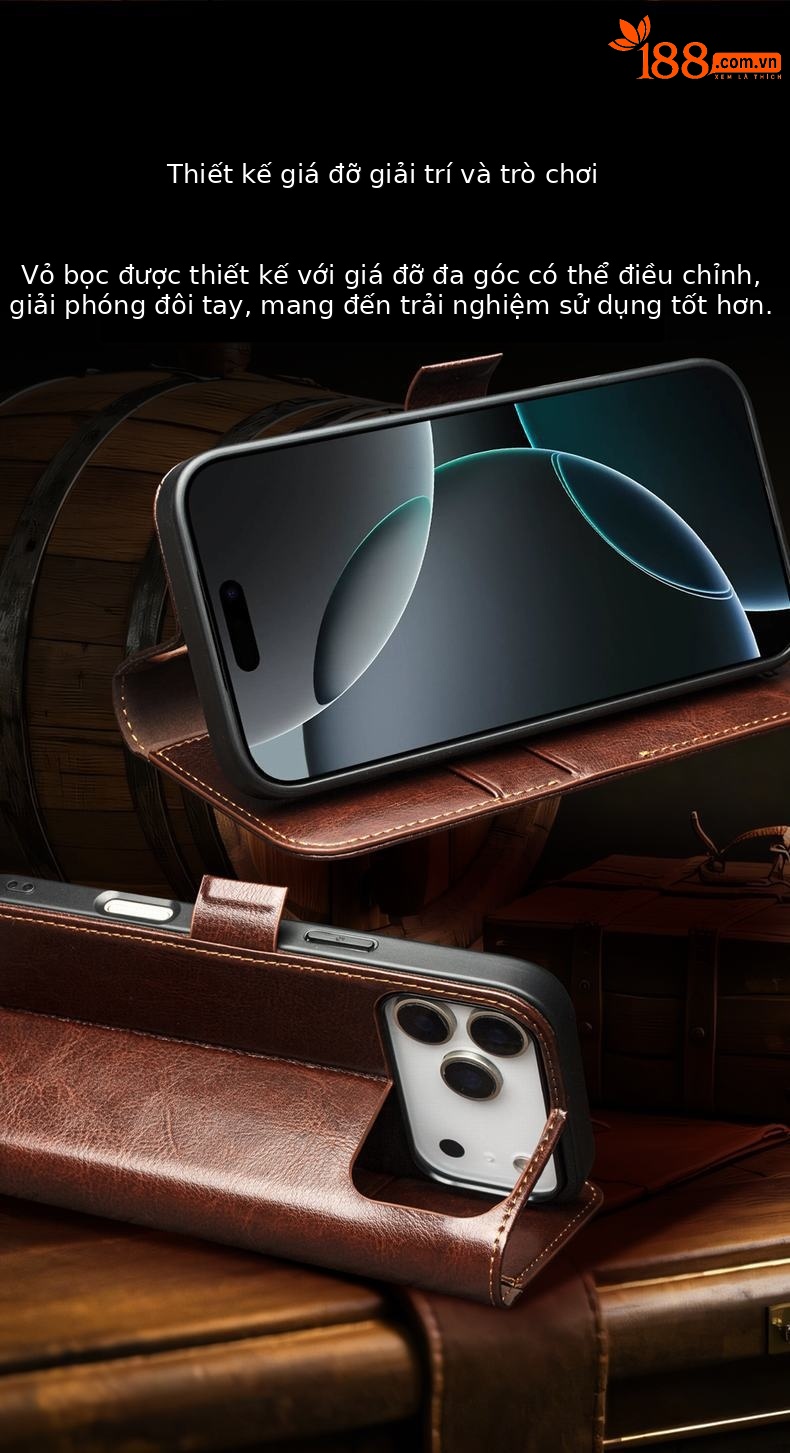 Ốp lưng da thật iPhone 17 Pro Max dạng gập nắp có khe thẻ, nam châm từ, chân đế — iPhone17 Pro max khóa từ cổ điển nâu đậm, iPhone17 Pro max khóa từ cổ điển đen, iPhone17 Pro khóa từ cổ điển nâu đậm, iPhone17 Pro khóa từ cổ điển đen chi tiết 5