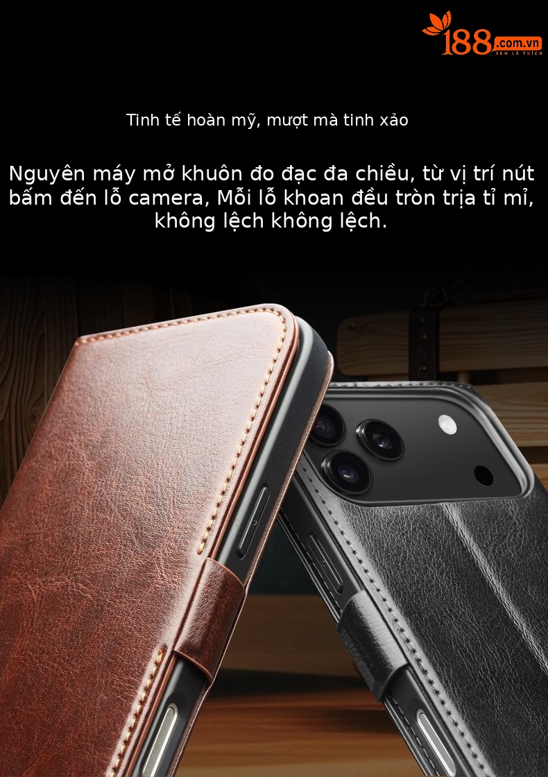 Ốp lưng da thật iPhone 17 Pro Max dạng gập nắp có khe thẻ, nam châm từ, chân đế — iPhone17 Pro max khóa từ cổ điển nâu đậm, iPhone17 Pro max khóa từ cổ điển đen, iPhone17 Pro khóa từ cổ điển nâu đậm, iPhone17 Pro khóa từ cổ điển đen chi tiết 7