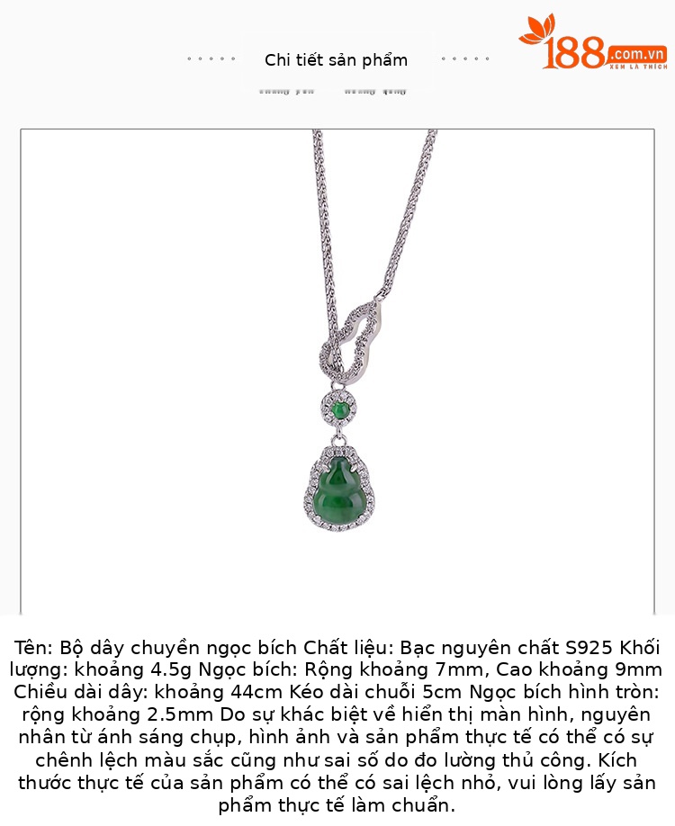 Dây chuyền mặt hồ lô bạc S925 đính ngọc bích tự nhiên hai mặt — Bộ dây chuyền (kèm dây) chi tiết 2