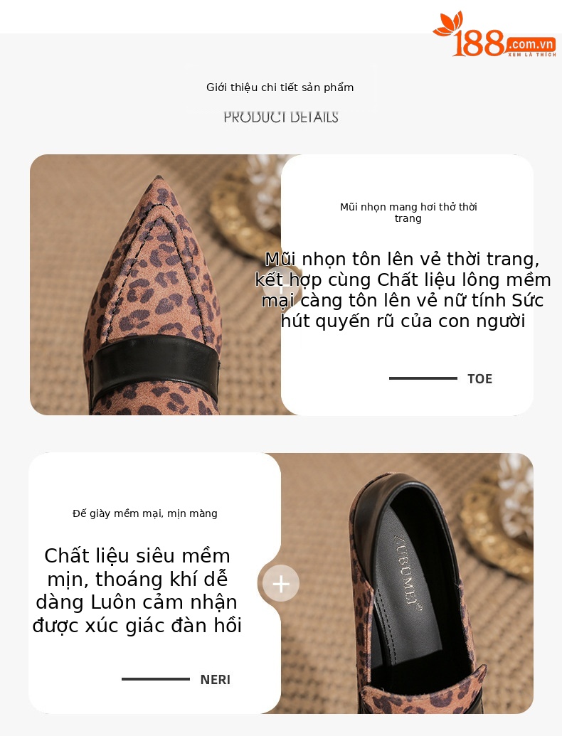 Giày cao gót mũi nhọn đế xuồng in họa tiết báo đốm, gót nhọn, miệng nông — nhung đen chi tiết 1