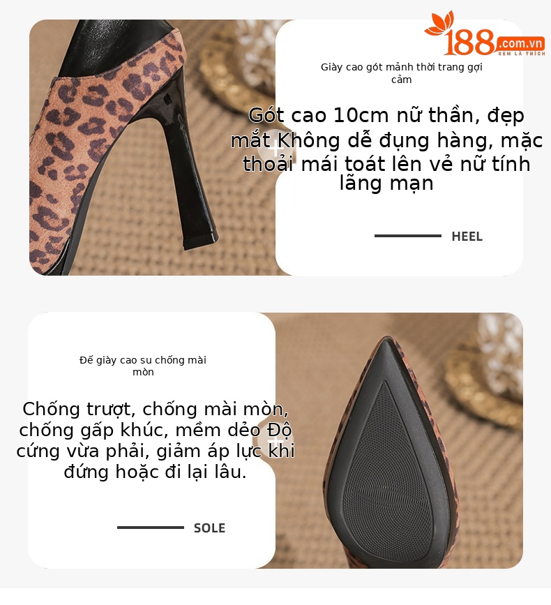 Giày cao gót mũi nhọn đế xuồng in họa tiết báo đốm, gót nhọn, miệng nông — nhung đen chi tiết 2