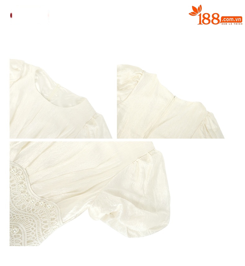Đầm maxi nữ tay phồng thắt eo đính cườm dài qua gối — màu xanh chi tiết 4