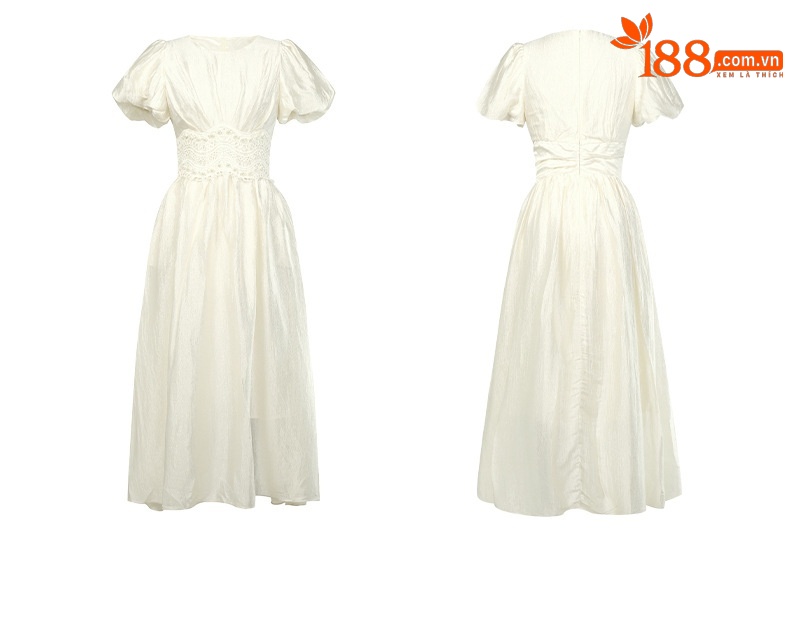 Đầm maxi nữ tay phồng thắt eo đính cườm dài qua gối — màu xanh chi tiết 5