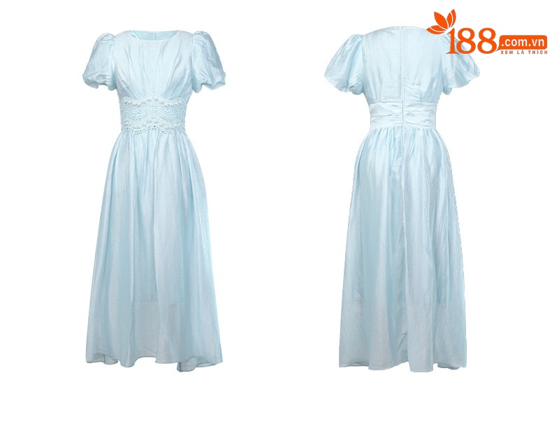 Đầm maxi nữ tay phồng thắt eo đính cườm dài qua gối — màu xanh chi tiết 6