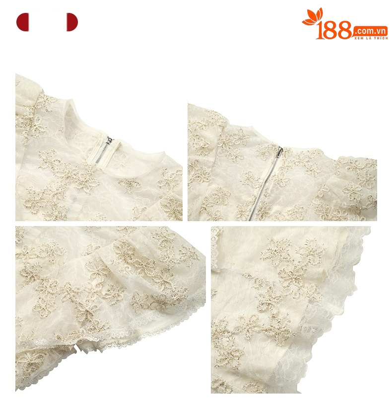 Áo ren nữ ôm dáng tay ngắn cổ tròn diềm xếp nếp — mơ chi tiết 2