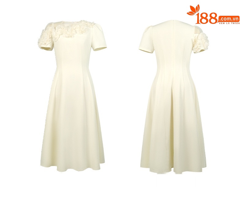 Váy maxi nữ thiết kế kiểu Pháp, trễ vai cánh hoa, ôm eo, xòe nhẹ — mơ chi tiết 4