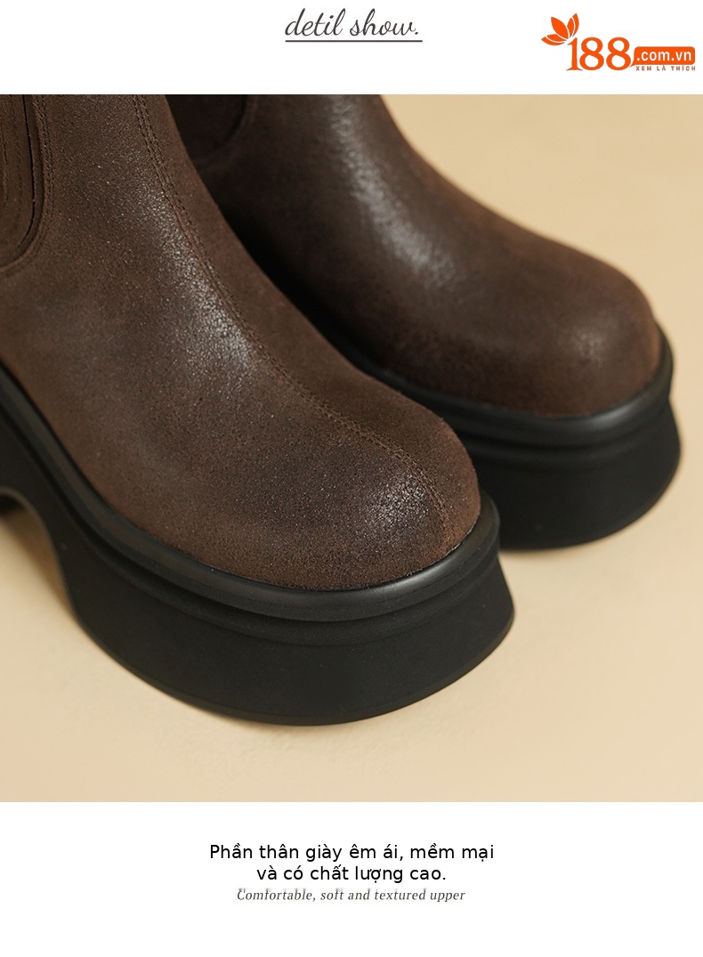 Giày boot Chelsea nữ cổ thun đế dày 10 cm chống nước mùa thu đông — đen, nâu sẫm chi tiết 11
