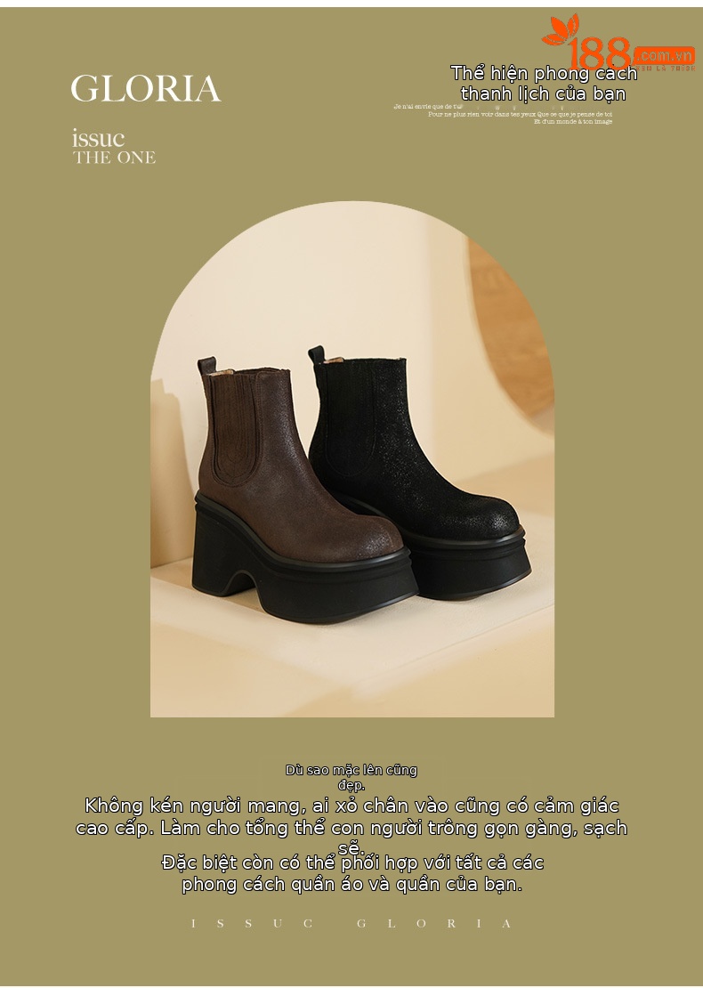 Giày boot Chelsea nữ cổ thun đế dày 10 cm chống nước mùa thu đông — đen, nâu sẫm chi tiết 3