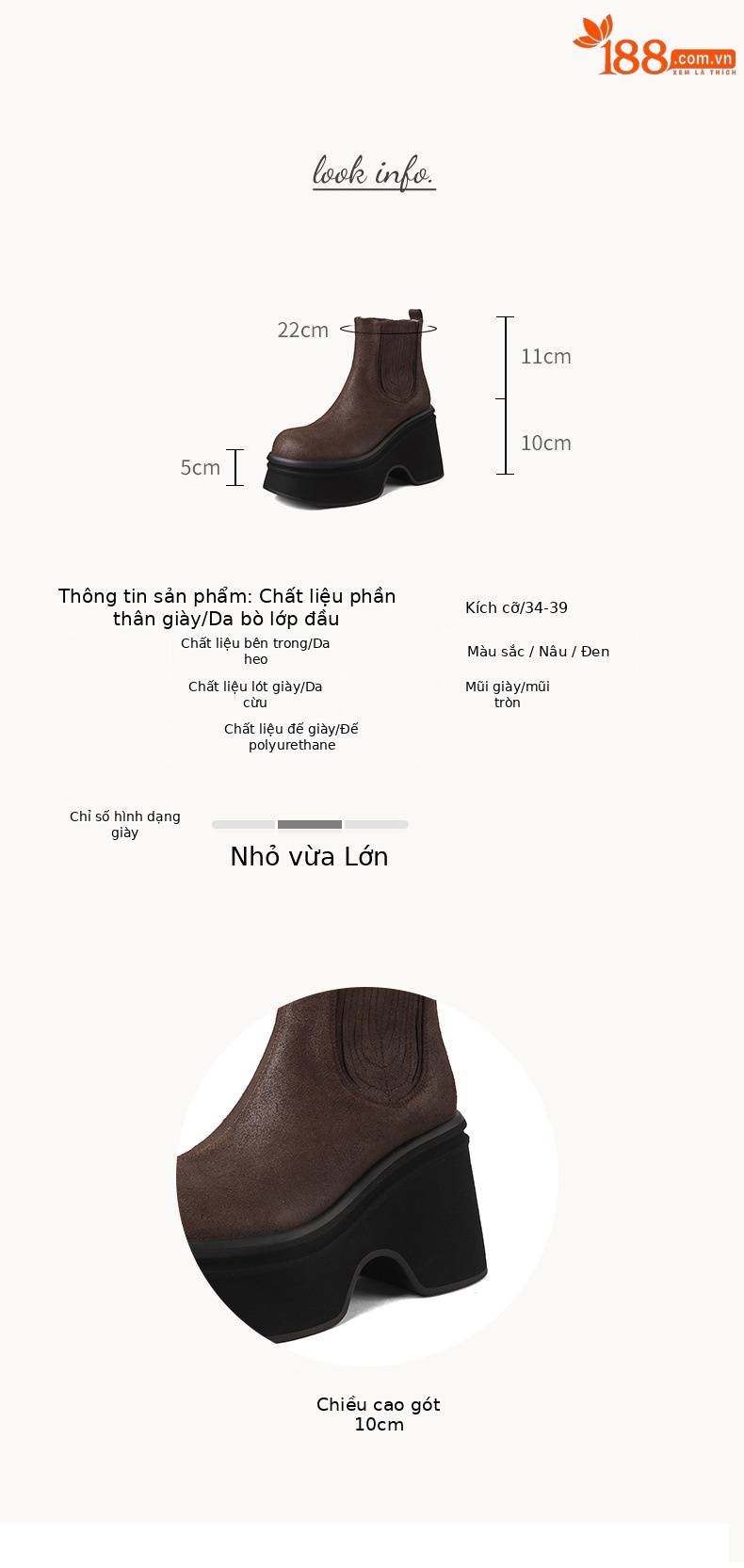 Giày boot Chelsea nữ cổ thun đế dày 10 cm chống nước mùa thu đông — đen, nâu sẫm chi tiết 4
